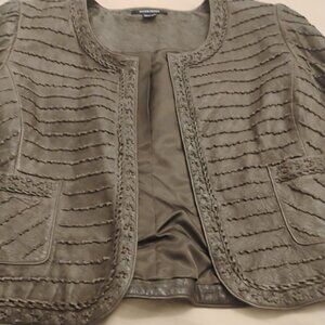 ELLEN TRACY GENUINE LEATHER OLIVE/BROWN JACKET. SIZE 16.